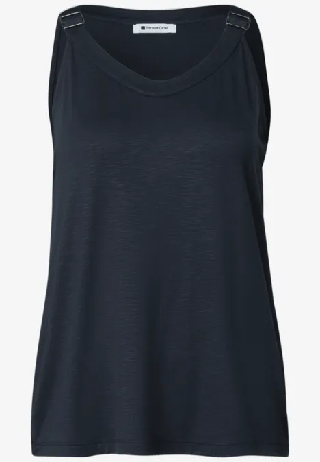 Dunkelblaues, ärmelloses Tanktop aus leichtem Stoff mit rundem Halsausschnitt.