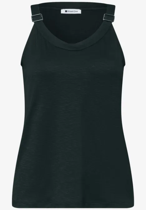 Zwart dames mouwloos topje met verstelbare bandjes en een ronde hals.