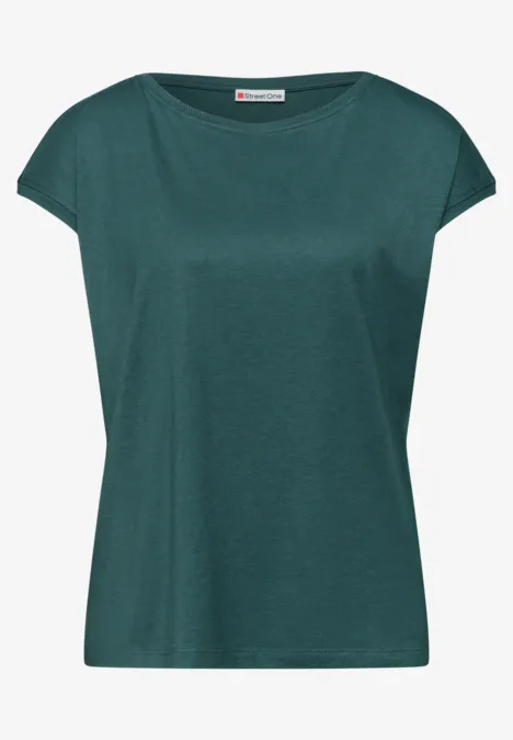 Donkergroene dames T-shirt met korte mouwen, losse pasvorm en ronde hals.