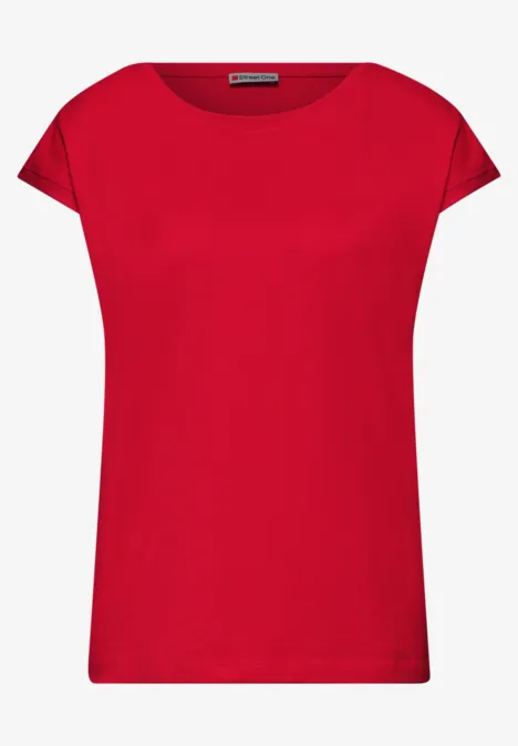 Rood dames-T-shirt met korte mouwen en ronde hals op een witte achtergrond.
