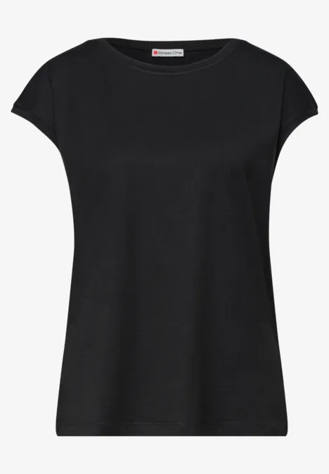 Een eenvoudig zwart dames-T-shirt met ronde hals en korte mouwen.