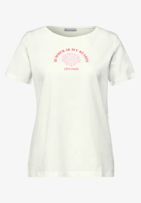 Shirt met schelpenprint off white Wit dames-T-shirt met ronde hals, korte mouwen en roze opdruk ter hoogte van de borst.