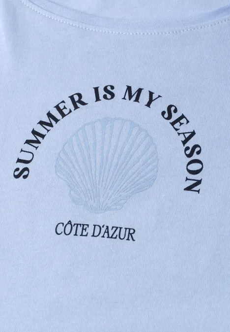 Shirt met schelpenprint cashmere blue Lichtblauw T-shirt met schelpafbeelding en teksten 'Summer is my season' en 'Côte d'Azur'.
