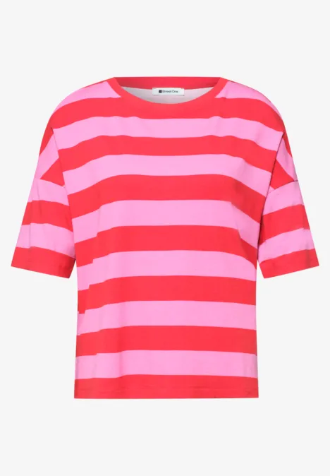 Shirt met ronde hals en strepen salsa red Een T-shirt met korte mouwen en brede rood-roze strepen.
