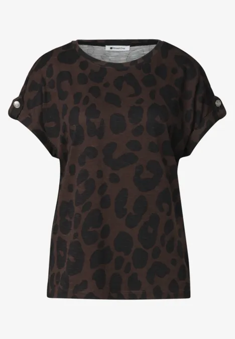 Dames T-shirt met ronde hals, korte mouwen en bruin-zwart luipaardprint.