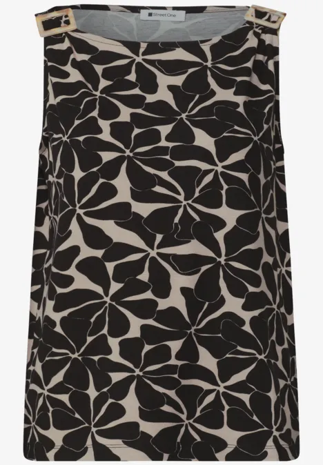 Top mit Rundhals und Schulterdetail Black Ärmelloses Top mit schwarz-weißem floralem Muster und verstellbaren Trägern.