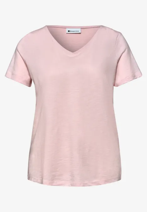 Hellrosa V-Ausschnitt T-Shirt aus leichtem Stoff, kurzärmelig und locker geschnitten.