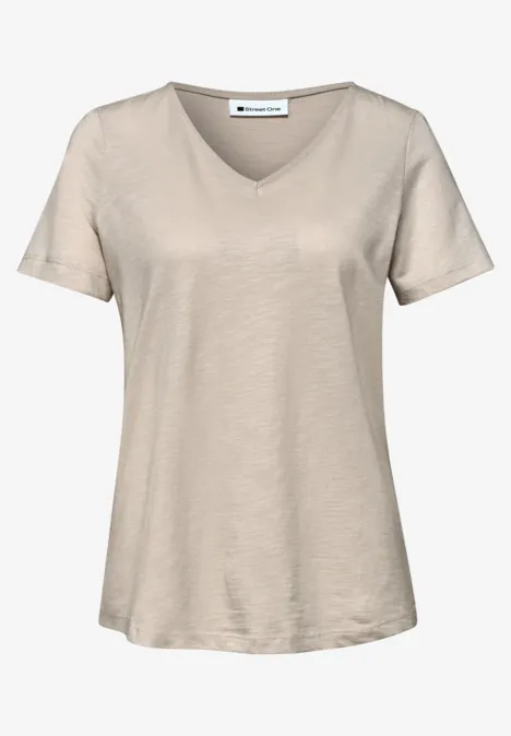 Basic T-Shirt mit V-Neck in Unifarbe light sepia sand Beiges Damen-T-Shirt mit V-Ausschnitt und kurzen Ärmeln aus leichtem Stoff.