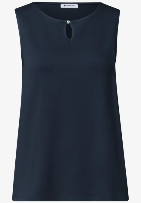 Ärmelloses, dunkelblaues Damen-Top mit Rundhalsausschnitt und kleinem Schlitz mit Knopf.