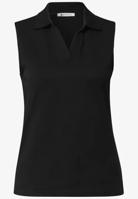Schwarzes ärmelloses Poloshirt mit V-Ausschnitt.
