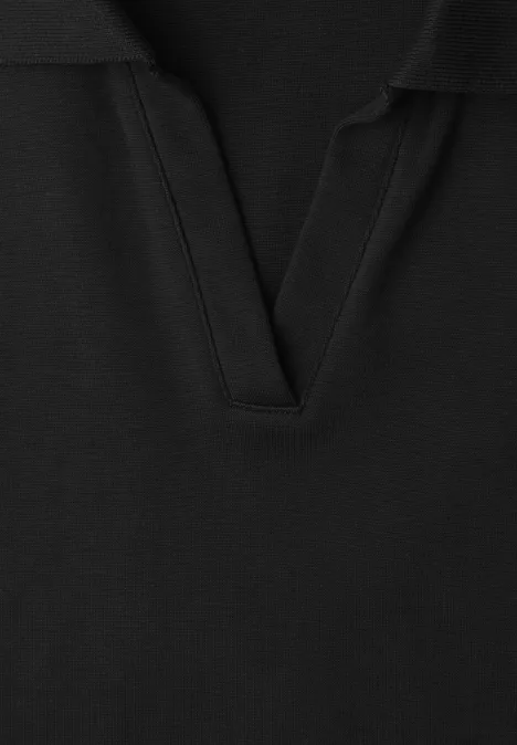 Schwarzes Shirt mit minimalistischem V-Ausschnitt und Stehkragen