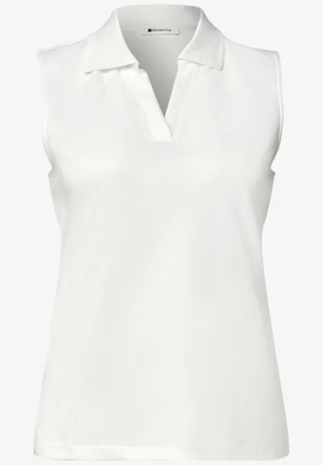 Top in Rippstruktur mit Polokragen off white Ärmelloses, weißes Poloshirt mit Kragen und V-Ausschnitt.