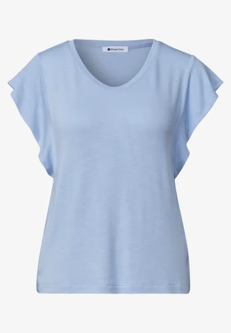 Shirt met korte volantmouwen cashmere blue Lichtblauw dames-T-shirt met V-hals en korte, licht uitgewaaierde mouwen.