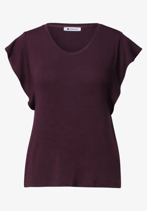 Shirt mit kurzen Volant-Ärmeln rustic rouge Dunkellila Damenoberteil mit rundem Ausschnitt und überschnittenen Ärmeln.