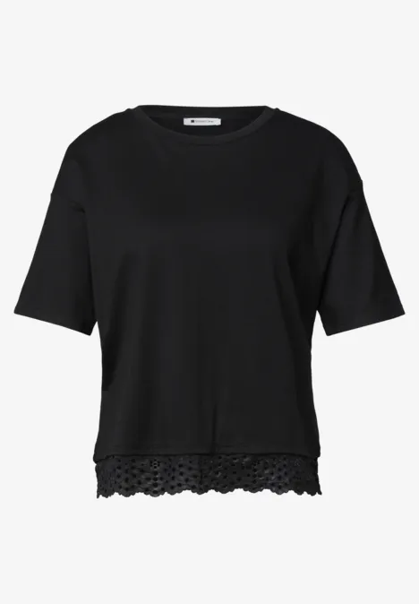 Shirt met ronde hals en kant Black Zwarte dames T-shirt met korte mouwen en sierlijke kanten zoom
