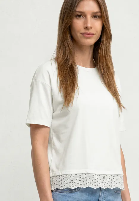 Shirt met ronde hals en kant off white Vrouw draagt wit T-shirt met korte mouwen en opvallende kanten rand aan de onderkant.