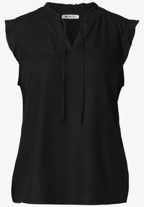 Schwarze ärmellose Bluse mit V-Ausschnitt, leichtem Rüschenbesatz und dekorativen Bändern am Kragen