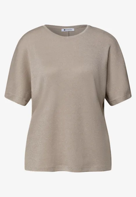 Shirt met overhangende schouders en glitterdetails clay sand Beige gebreide top met korte mouwen en ronde hals.