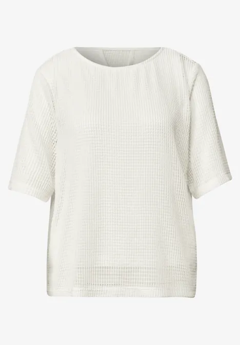2-in-1 Shirt aus Mesh mit U-Boot-Ausschnitt off white Weiße kurzärmlige Bluse mit rundem Ausschnitt und feinem Lochmuster
