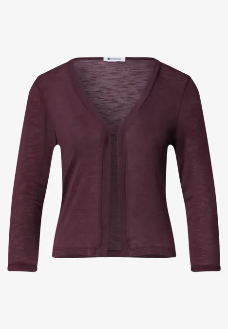 3/4-Arm Jacke in offener Passform rustic rouge Damenstrickjacke in dunklem Burgunderviolett mit V-Ausschnitt und drei Viertel Ärmeln