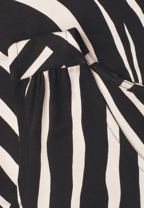 Top met V-hals en elastische zoom Black Zwart-wit gestreepte stof met knoopdetail