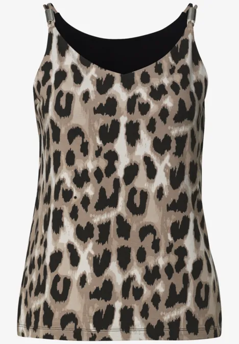 Top mit V-Neck und Deko-Detail timeless beige Damen-Top mit beige-schwarzem Leopardenmuster