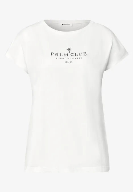 Shirt met hangende schouder en tekst off white Wit dames-T-shirt met korte mouwen en Palm Club-opdruk met palmboom op de borst.