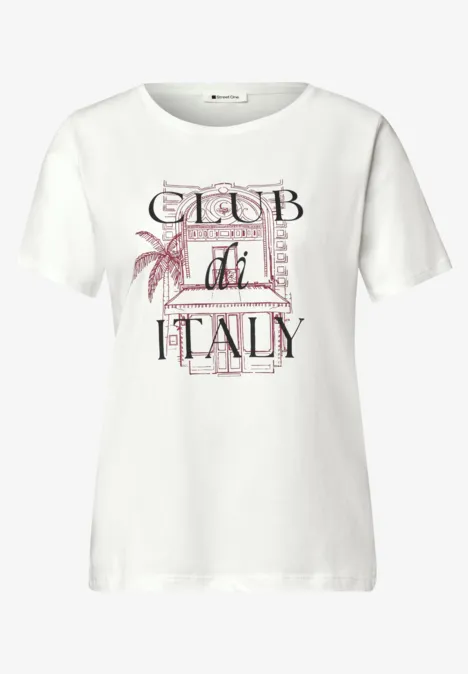 T-Shirt mit Rundhals und Artwork off white Weißes T-Shirt mit Club di Italy-Print und rosa Palmenmotiv.