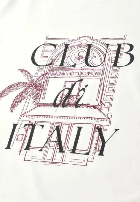T-Shirt mit Rundhals und Artwork off white Stilisierte Linienzeichnung eines italienischen Gebäudes mit Palme und Schriftzug 'Club di Italy'.