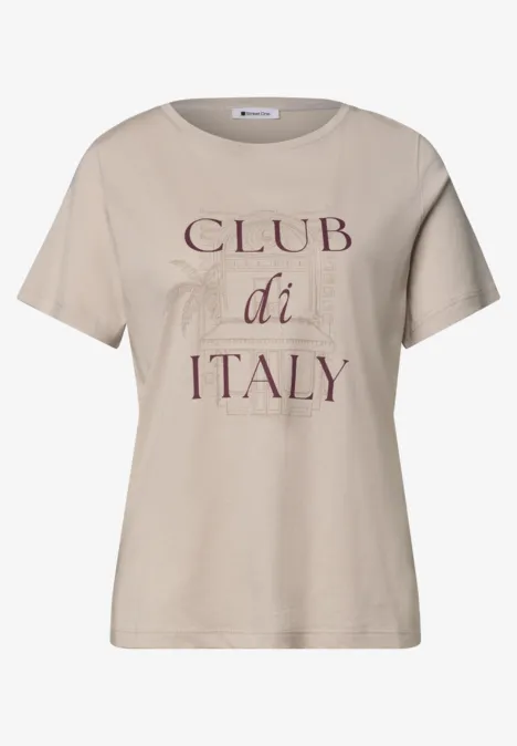 Shirt met ronde hals en Artwork clay sand Beige T-shirt met 'CLUB di ITALY' print en subtiele palmillustraties.