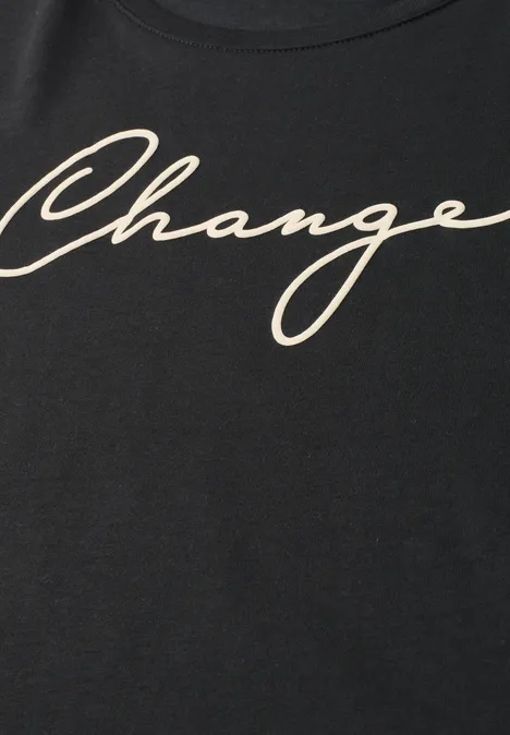 Shirt met ronde hals en Wording Artwork Black Zwart T-shirt met beige opschrift 'Change' in sierlijk schrift.