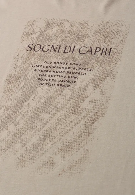 Chemise dropped shoulder avec artwork clay sand T-shirt beige avec coup de pinceau gris et inscription 'SOGNI DI CAPRI'.