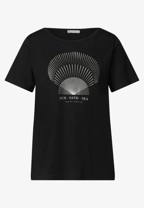 Shirt met ronde hals en foliedetails Black Zwart T-shirt met halve zonprint en de tekst ‘SUN·SAND·SEA’ op de voorkant.