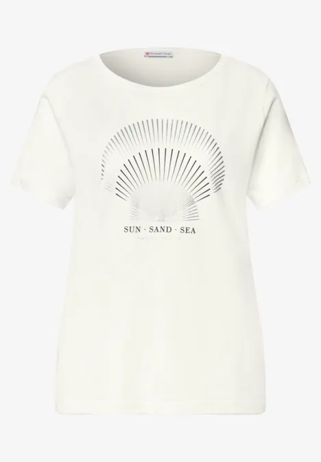 T-Shirt mit Rundhals und Foliendetails off white Weißes T-Shirt mit minimalistischem Sonnen-Logo und dem Schriftzug 'SUN SAND SEA' vorne.