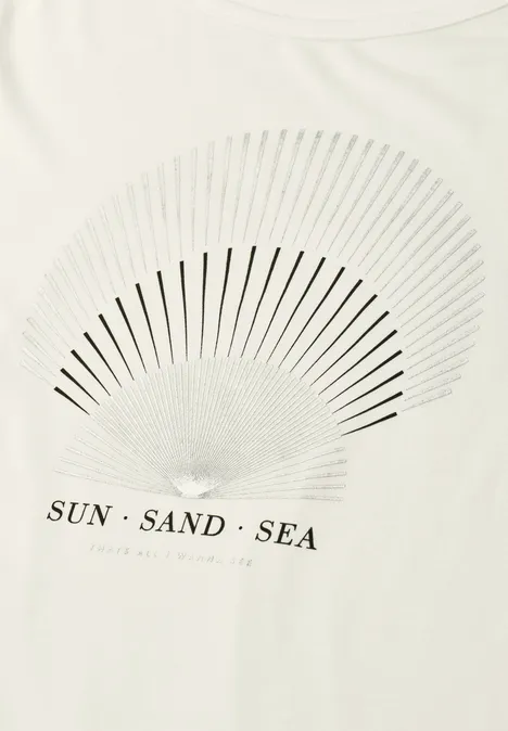 T-Shirt mit Rundhals und Foliendetails off white Beiges T-Shirt mit minimalistischem Halbkreis-Design und Schriftzug 'SUN · SAND · SEA'.