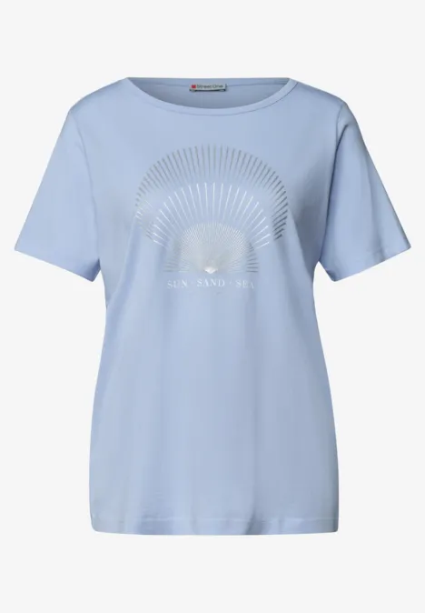 Shirt met ronde hals en foliedetails cashmere blue Lichtblauw T-shirt met wit zonontwerp en de tekst ‘To The Sun’.