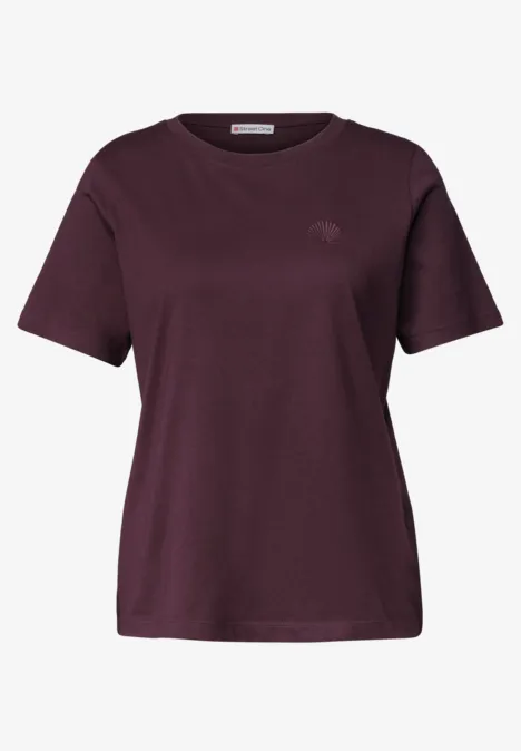 Dunkelviolettes, schlichtes T-Shirt mit kurzen Ärmeln und rundem Ausschnitt.