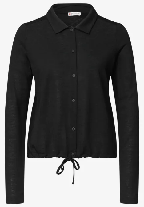 Lichtgewicht Langam-jack in linnenlook Black Zwarte, licht getailleerde gebreide jas met kraag, knoopsluiting en koord onderaan