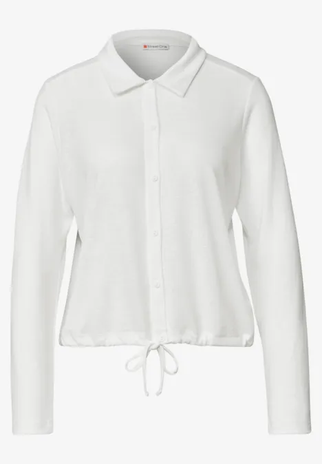 Lichtgewicht Langam-jack in linnenlook off white Witte blouse met kraag, volledige knoopsluiting en trekkoordzoom.