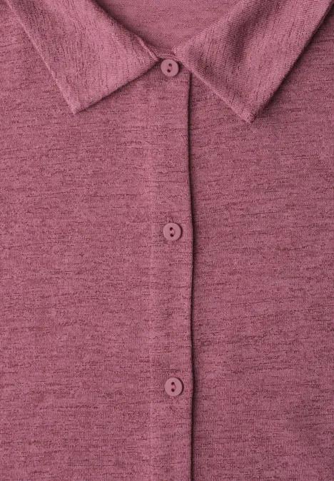 Leichte Langam Jacke in Leinen-Optik dark clouded blush Rosa-melierter Strickcardigan mit Kragen und drei Knöpfen, Nahaufnahme.