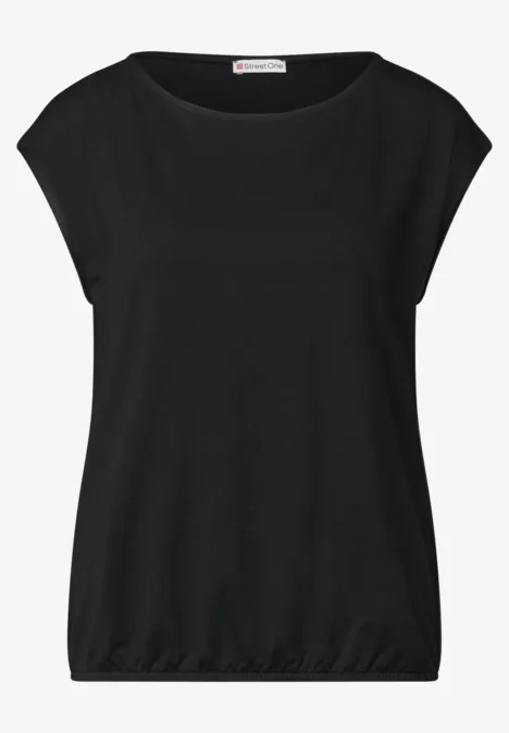 Schwarzes Damen-T-Shirt mit überschnittenen Ärmeln, Rundhalsausschnitt und elastischem Saum.