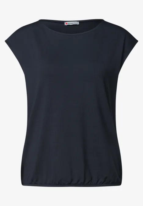 Dunkelblaues, ärmelloses Damen-Shirt mit weitem Rundhalsausschnitt und elastischem Saum.