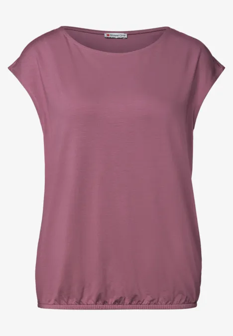 Dames top in paarse kleur met korte mouwen, ronde hals en geplooemde zoom.