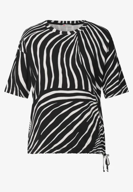 T-shirt à col rond et cordon de serrage Black T-shirt manches courtes noir et blanc à motifs zébrés avec cordon latéral