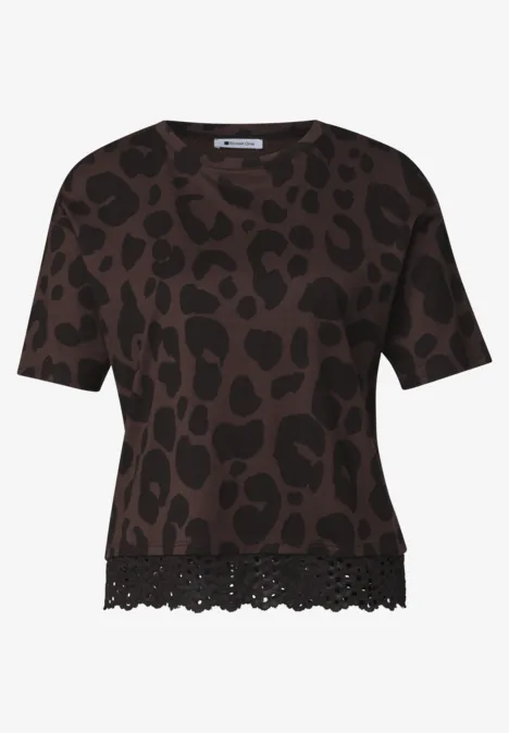 T-Shirt mit Rundhals und Spitze molten earth Dunkelbraunes Kurzarmshirt mit Leopardenmuster und spitzenbesetztem Saum