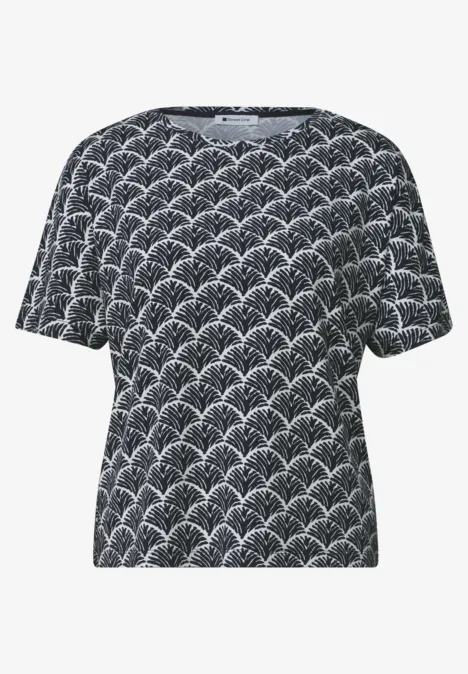 Damen-T-Shirt mit weißem Bogenmuster auf dunkelblauem Grund
