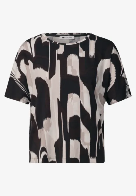 Kurzärmeliges Damenshirt mit rundem Ausschnitt und abstraktem schwarz-beigem Muster.