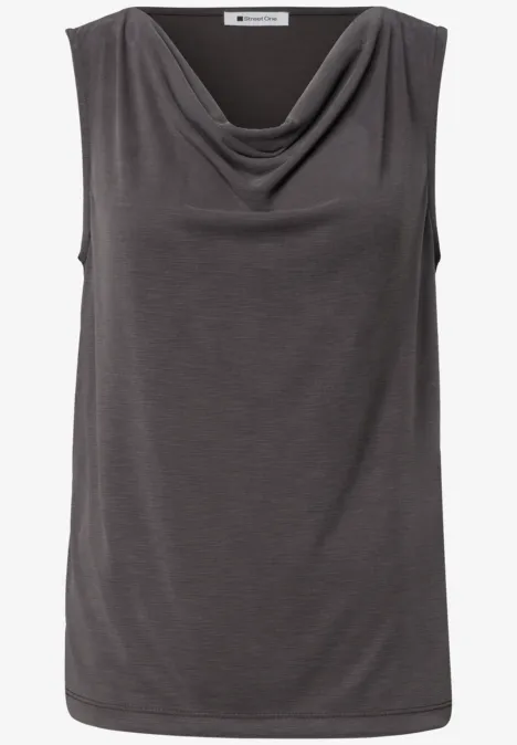 Top aspect soyeux avec décolleté cascade espresso brown Haut sans manches gris avec encolure drapée.