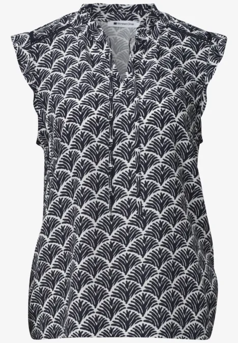 Top met verschillende texturen en gehaakte details shadowed navy Dames mouwloze top met V-hals en wit waaierpatroon op marineblauw
