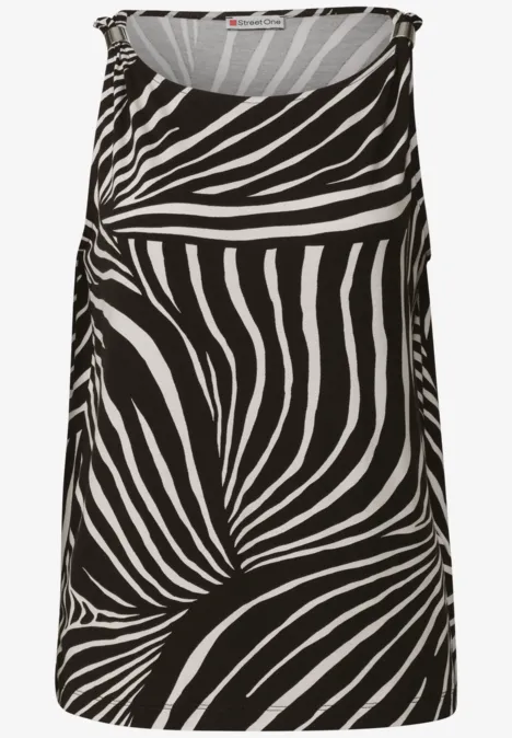Schwarzes ärmelloses Top mit weißem Zebra-Motiv.